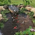Tranquil Water Fountain Landscape With Koi Fish Green Plants And Lotus Flowers