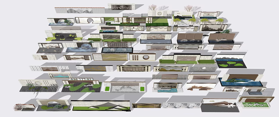 Various Modern Feature Wall Designs With Stone Accents And Greenery 3d model