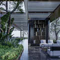 Modern Garden Landscape Design With Pavilion Trees Water Feature And Lush Greenery