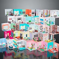 Colorful Cartoon Scene With Multi Layered Room Models And Various Furniture Like Beds Sofas Bookshelves