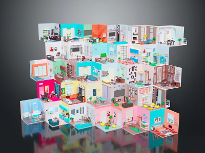 Colorful Cartoon Scene With Multi Layered Room Models And Various Furniture Like Beds Sofas Bookshelves 3d model
