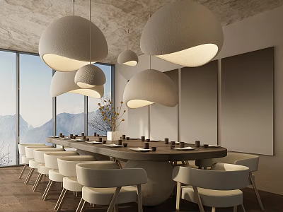 Private Dining Room With Large Windows Mountain View Long Table White Chairs Round Pendant Lights 3d model