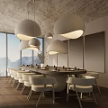 Private Dining Room With Large Windows Mountain View Long Table White Chairs Round Pendant Lights
