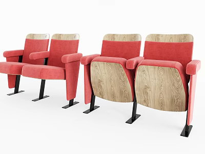 Stylish Red Theater Seats With Wooden Backrest And Black Metal Legs 3d model