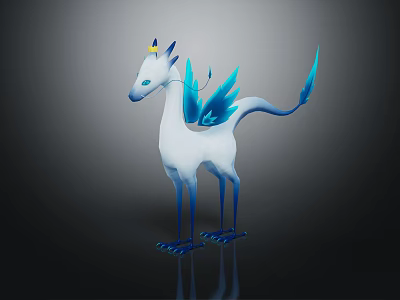 Elegant Mythical Creature 3D Model With White Body Blue Wings Tail Limbs And Yellow Horn 3d model