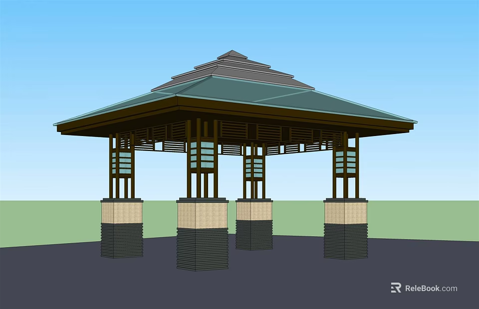 Traditional Wooden Pavilion With Green Roof Supporting Columns And Lattice Windows Outdoor Design 3d model 