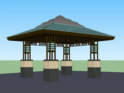 Traditional Wooden Pavilion With Green Roof Supporting Columns And Lattice Windows Outdoor Design 3d model