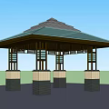 Traditional Wooden Pavilion With Green Roof Supporting Columns And Lattice Windows Outdoor Design