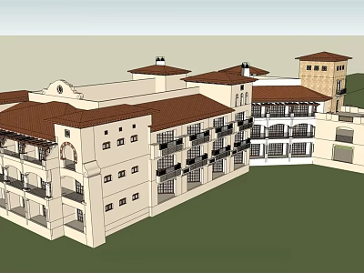 Mediterranean Style Hotel Building With Brown Roofs White Walls And Balconies 3d model
