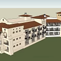 Mediterranean Style Hotel Building With Brown Roofs White Walls And Balconies