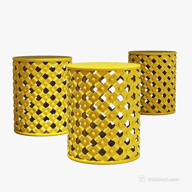 Three Yellow Woven Cylindrical Side Tables With Hollow Pattern For Modern Rooms 3d model