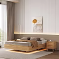 Modern Double Bed Interior Design With Wooden Frame Bedside Table Wall Art And Cozy Rug