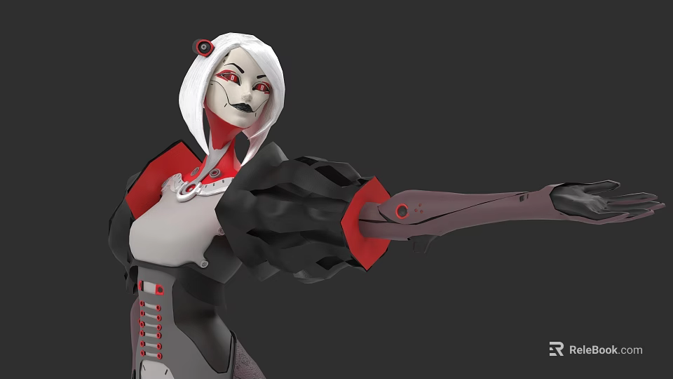 Futuristic Woman With White Hair And Mechanical Arm In Red And Black Outfit 3d model 