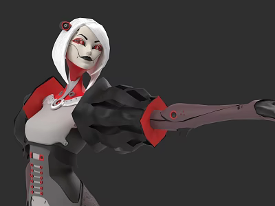 Futuristic Woman With White Hair And Mechanical Arm In Red And Black Outfit 3d model