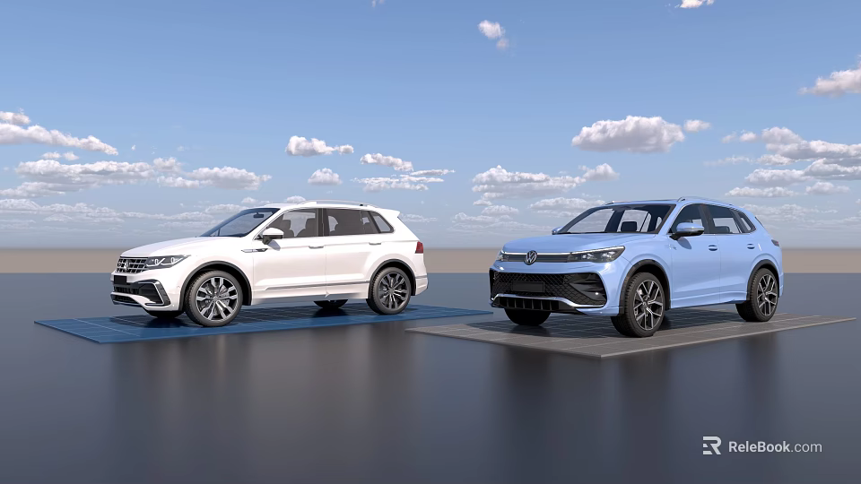 Two Modern SUV Vehicles In White And Blue Parked On Display Stand With Clear Sky 3d model 