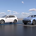 Two Modern SUV Vehicles In White And Blue Parked On Display Stand With Clear Sky