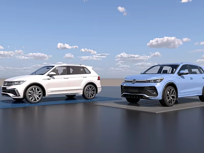 Two Modern SUV Vehicles In White And Blue Parked On Display Stand With Clear Sky 3d model
