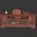 Wooden TV Stand With Glass Doors And Decorations Including White Vase Books Red Box