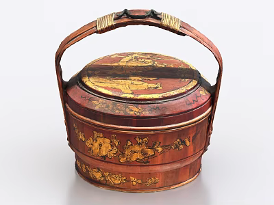 Traditional Red Bamboo Storage Basket With Golden Floral Patterns And Handle 3d model Traditional Red Bamboo Storage Basket With Golden Floral Patterns And Handle 3d model
