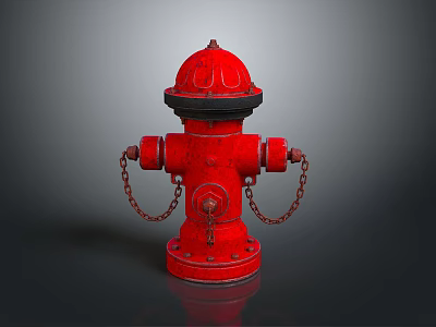 Red Fire Hydrant With Black Top And Chains On Gray Reflective Surface 3d model