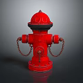 Red Fire Hydrant With Black Top And Chains On Gray Reflective Surface