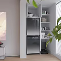 Organized Home Balcony With Stacked Washing Machine Dryer White Shelves Laundry Supplies And White Blinds