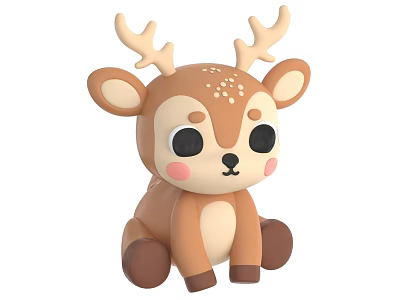 Cute Brown Deer Stuffed Toy With Antlers Big Eyes White Belly And Pink Cheeks Sitting 3d model