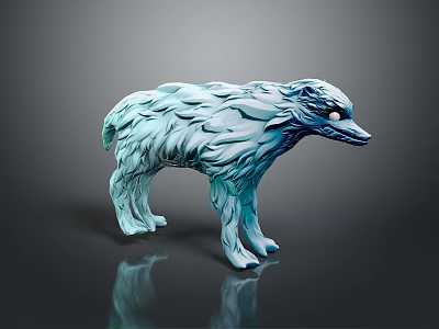 Blue Wolf Like Sculpture With Textured Surface And Glossy Finish On Black Background 3d model