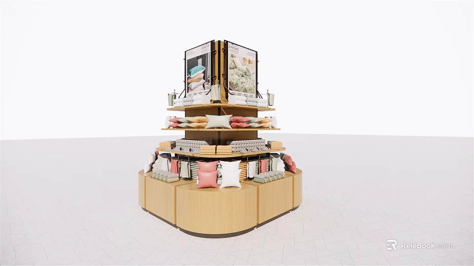 Wooden Multi tiered Display Shelf Featuring Hexagonal Base And Colorful Products 3d model 