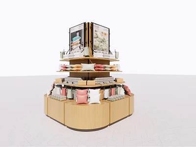 Wooden Multi tiered Display Shelf Featuring Hexagonal Base And Colorful Products 3d model
