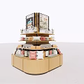 Wooden Multi tiered Display Shelf Featuring Hexagonal Base And Colorful Products