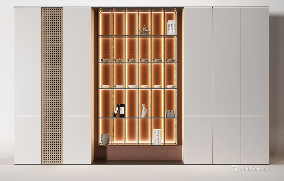 Elegant Modern Decorative Cabinet With Integrated Lighting Multiple Shelves White Doors And Ornaments 3d model 