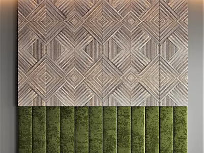 Wooden Geometric Pattern Wall Decor With Green Tufted Velvet Lower Panel 3d model