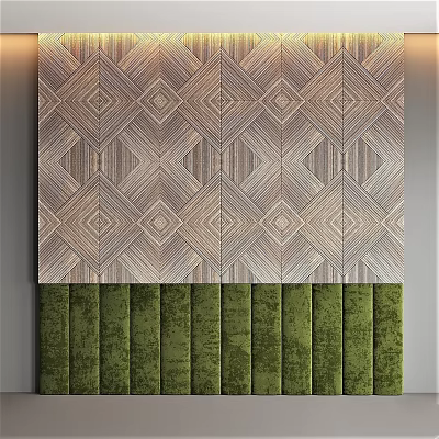 Wooden Geometric Pattern Wall Decor With Green Tufted Velvet Lower Panel 3d model