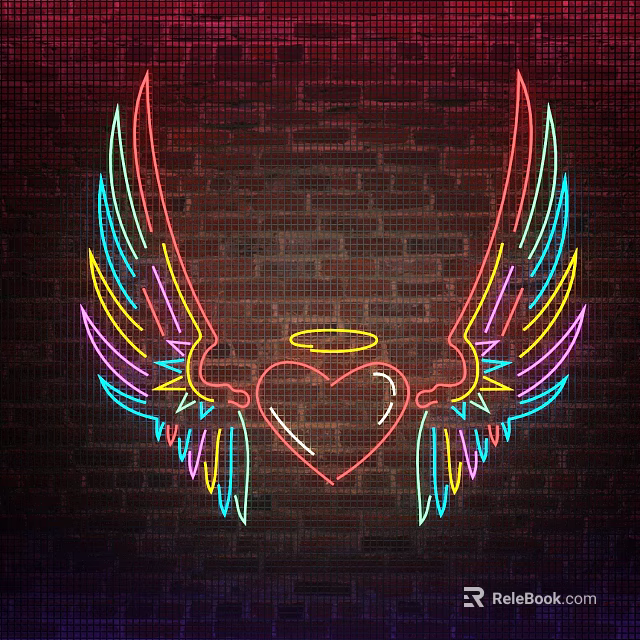 Colorful Neon Decorative Lights With Wings Heart And Halo On Brick Wall 3d model 