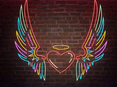 Colorful Neon Decorative Lights With Wings Heart And Halo On Brick Wall 3d model