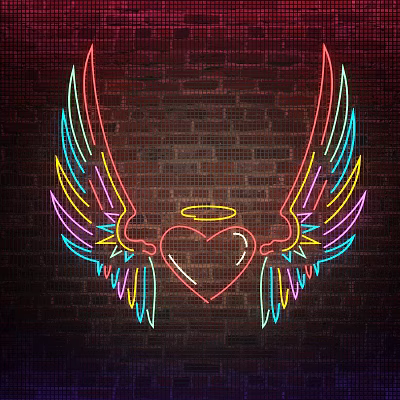 Colorful Neon Decorative Lights With Wings Heart And Halo On Brick Wall 3d model