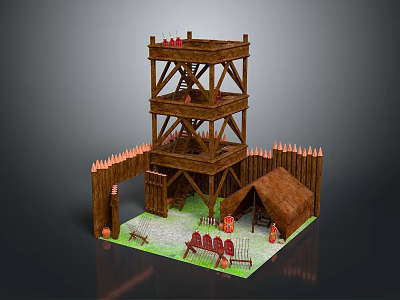 Ancient Wooden Fortress Scenery With Defensive Tower Fence And Tent Miniature 3d model