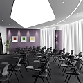 Modern Conference Room With Purple Walls Colorful Paintings White Curtains And Black Chairs