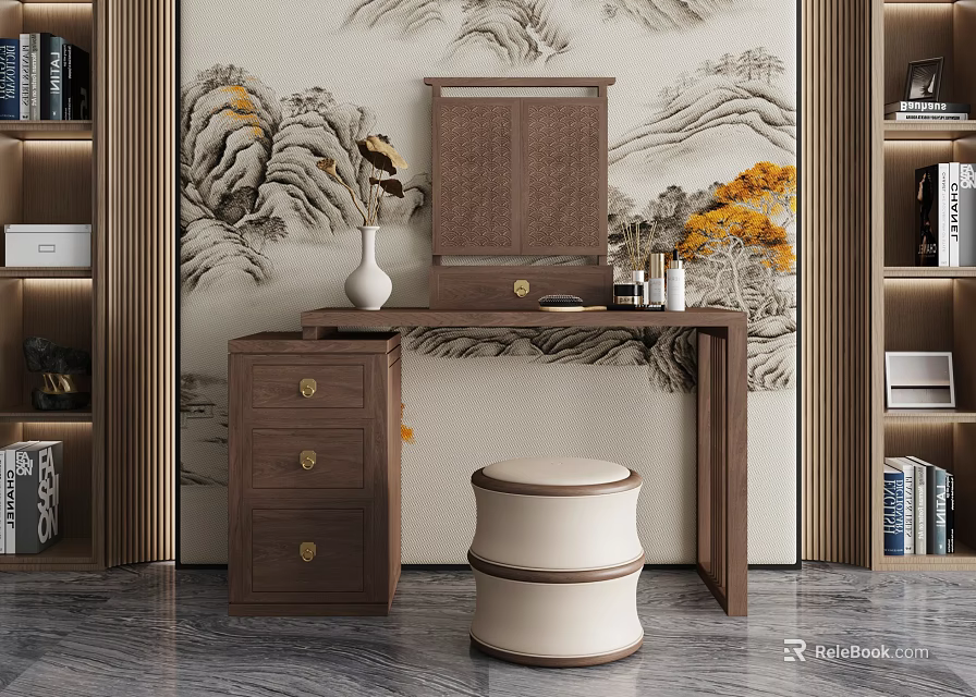 Traditional Chinese Wooden Dressing Table with Mirror Stool and Vase Against Landscape Wall 3d model 