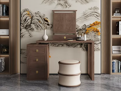 Traditional Chinese Wooden Dressing Table with Mirror Stool and Vase Against Landscape Wall 3d model