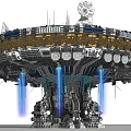 Futuristic Circular Space Station With Antennas Blue Beams And Mechanical Details
