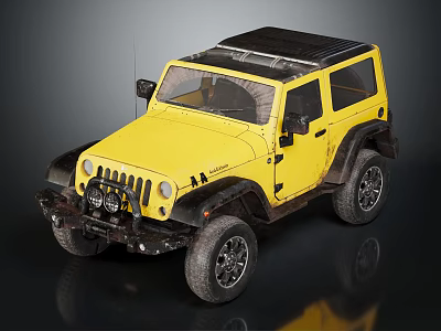 Yellow Jeep Wrangler With Black Roof And Large Off Road Tires 3d model