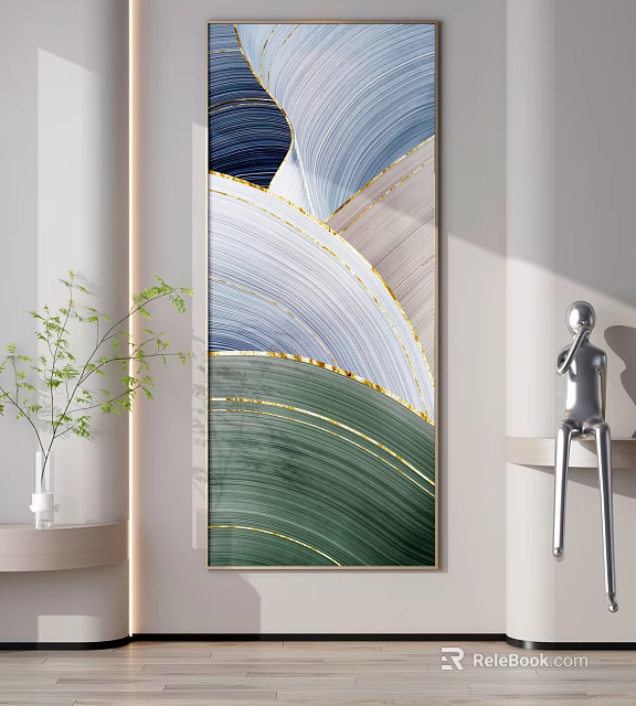 Abstract Painting With Blue White Beige Green Waves And Gold Lines Near Vase And Sculpture 3d model 