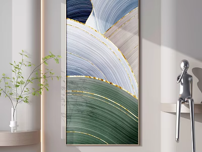 Abstract Painting With Blue White Beige Green Waves And Gold Lines Near Vase And Sculpture 3d model