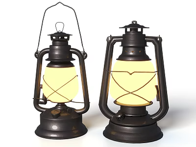 Pair Of Vintage Candle Lanterns With Black Metal Frame Glass Shade And Warm Yellow Light 3d model