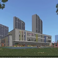 Modern High Rise Buildings And Low Rise Building With Green Lawn And Children Playing