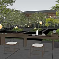Tranquil Courtyard Garden with Person Standing Among Lush Trees Green Lawn Water Pond and Stone Benches