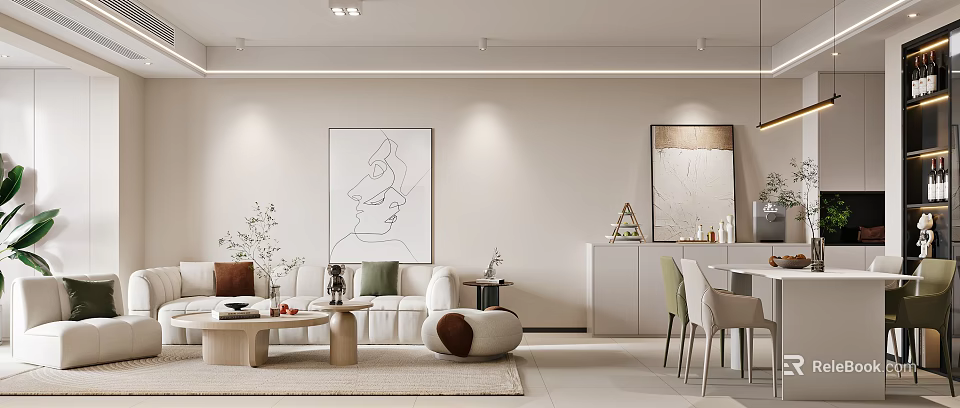 Modern Living Dining Room Interior With Sofa Round Coffee Table Wall Art Dining Chairs Plants 3d model 