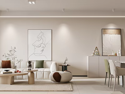 Modern Living Dining Room Interior With Sofa Round Coffee Table Wall Art Dining Chairs Plants 3d model